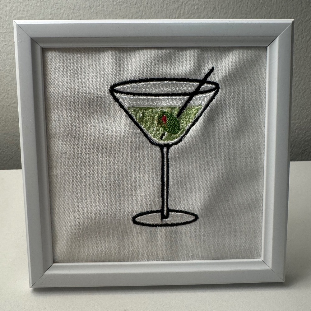 Handmade Martini Glass Embroidered Picture Frame Decor | Bar Cocktail Wall Art